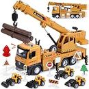 CUTE STONE Crane Truck Toy, Kids Construction Vehicles Playset W/Sounds& Lights, 4 Mini Diecast Trucks, 270° Rotating Cab, 3 Timber Woods, Alloy Engineering Friction Powered Car Gift for Boys Girls