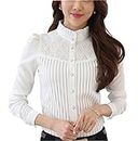 Womens Chiffon Vintage Stand Collar Button Down Shirt Long Sleeve Lace Blouse with Stretch White UK 16