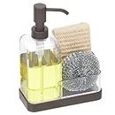 mDesign Plastic Kitchen Sink Countertop Hand Soap Dispenser Pump Bottle Caddy Organizer Holder with Storage for Bathroom - Holds Dish Sponge and Brushes - Omni Collection - Clear/Bronze