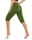DHSO Knee Capri Leggings for Women - High Waisted Tummy Control Fitness Black Workout Running Gym Activewear Yoga Pants, Tea Green, Small-Medium