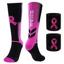 sticro Breast Cancer Awareness Pink Ribbon Hope Socks & Wristbands Set - 1 Pair Athletic Crew Socks + 2 Pcs Wrist Sweatbands