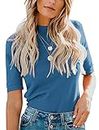 LIYOHON Womens Tops Dressy Casual Summer Cute Tops Mock Turtleneck Business White T Shirts Blue-M