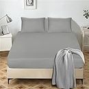 My home store King Size Fitted Sheets Grey - 25 cm Brushed Microfiber Ultra Soft No-Iron Wrinkle-Resistant Plain Dyed Fitted Bed Sheets - Hypoallergenic Breathable Sheet