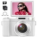 Digital Camera 4K 48MP Vlogging Camera for YouTube 16X Digital Zoom with Macro Function &Liftable Flash, Compact Camera for Photography 3’’ 180°Flip Screen, 32GB TF Card, 2 Batteries (White)