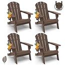 GREENVINES Folding-Adirondack-Chair-Set-of-4 | Wood Grain | HDPE Plastic | Fire Pit Chairs | All Weather | Cup Holder | Dark Brown | for Deck Backyard Patio Outdoor