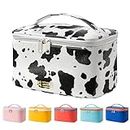 KNETAP Makeup Bag Large Capacity Travel Cosmetic Bag with Brush Holders - Portable PU Leather Makeup Organizer for Women - Waterproof Make up Pouch Small Toiletry Bag for Travel(Milk Cow)