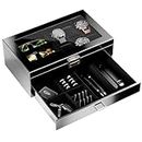 ProCase 6 Slots Lacquered Finish Wooden Men's Jewelry Box, Watch and Sunglasses Box Organizer for Men, 2-Tier Watch Holder Display Cases with Clear Glass Top and Storage Drawer -Black