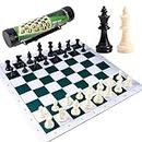 Portable Chess & Checkers Set, Regulation Tournament Roll-Up Staunton Chess Set with Plastic Tube Roll, 2 in 1 Travel Board Games for Kids and Adults, Folding Roll Up Chess Set Travel Chess Set (34cm)