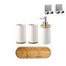 Moseason 4 Piece Ceramic Bathroom Accessories Set ?Includes: Soap Dispenser Pump, Toothbrush Holder, Tumbler and Wooden Tray. Version 2.0