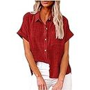 Womens Tops Dressy Casual Button Down Shirts for Women Short Sleeve Collared Cotton Linen Top Lightweight Business Casual Tunic Blouses Shirts That Hide Belly Fat(Red,L)