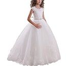 Abaowedding Ball Gown Lace Up First Flower Communion Girl Dresses, White Sash, 10