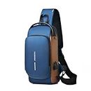 OTIPORTER Sling Bag Crossbody Shoulder Bag for Men Women, Chest Crossbody bags with USB Charging Port, Waterproof Small Backpack for Outdoor Hiking Running Sport (Blue And brown)