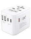 LENCENT Universal Travel Adapter, International Charger with 3 USB Ports & Type-C PD Charging Adaptor for Cellphones,Laptop, All in One Travel Plug Adapter for Over 200 Countries (USA UK EU AUS) White