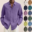 Spring Men's Long Sleeve Linen Shirt Casual Baggy Button-down Solid Tops Blouse