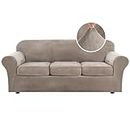 H.VERSAILTEX Modern Velvet Plush High Stretch Sofa Slipcover Furniture Protector Form Fit Luxury Thick Sofa Cover for 3 Cushion Couch, Machine Washable Width Up to 90 Inch (Sofa,Taupe), 4 Piece
