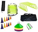 L'AVENIR Sports Complete Training, Fitness and Stamina Building Kit, 50 Saucer Cone with 1 Speed Ladder 4 Meter and 12 Cone Markers and 6 Hurdles (6 Inches) and 1 Jump Rope with Carry Bag
