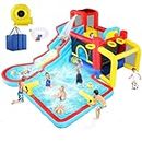 Inflatable Water Slide 10 in 1 Water Park with Splash Pool, Jump Area, Water Slide, Football Gate, Top Sprayer, Basketball Hoop, 2 Water Cannon & 620W Blower for Outdoor Backyard (Blue-Yellow)