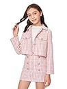 WDIRARA Girl's 2 Piece Outfits Button Front Long Sleeve Tweed Jacket and Skirt Set Pink 10Y