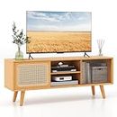 Giantex TV Stand for Living Room TVs up to 55”- Bamboo Entertainment Center with 3-Level Adjustable Shelf, Cable Management Holes, PE Rattan & Tempered Glass Sliding Door, TV Cabinet for Bedroom