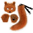 Adolala Faux Fur Fox Tail Cat Wolf Cosplay Costume Set Plush Mask Fluffy Paw Gloves Halloween Christmas Party for Girls Women