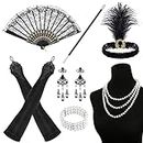 HEQU 7 Pack 1920s Accessories Set, Flapper Accessories with Feather Headband Long Gloves Accessories for Women(Black)