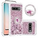 Asuwish Phone Case for Samsung Galaxy S10 Plus with Screen Protector and Ring Holder Bling Liquid Glitter Clear Hybrid Silicone Heavy Duty Cell Cover S10+ S10plus 10S Edge S 10 10plus Women Girls Pink