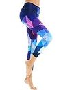 COOLOMG Damen Sport Leggings Laufhose 3/4 lang mit Taschen Yogahose Kompressionshose Geometrie_lila M