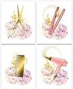 Hair Salon Wall Art,Fashion Haircut Tools with Pink Flower Painting Posters,Hairdresser Tools Wall Art Decor,Haircut Accessories Picture Golden and Pink Hairdresser Tools Paintings for Living Room