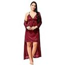 Siami Apparels Satin 2 PC Nighty/Night Wear Set with Robe | V- Neck | Solid/Plain | Attractive & Stylish | for Women, Girlfriend, Wife (XL, Maroon)