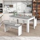 Merax Dining Table with 2 benches Dining Table Set for Kitchen, Dining Room, Small Space Artificial Marble（Grey and White）