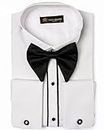 Men's White Wing Collar Tuxedo Shirt with Double Cuffs | Complete Set Including Flamboyant Cufflinks & Black Bow Tie | Luxe Dress Shirts for Men (Trimmed, L)