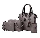 Haipky Women Handbag, Vintage Tassel Top Handle Tote Shoulder Crossbody Messenger Bags 4 PCS Set Wallet Purse Set for Women Ladies (Grey)