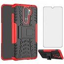 Phone Case for Xiaomi Redmi Note 8 Pro with Tempered Glass Screen Protector Cover and Stand Kickstand Hard Rugged Hybrid Protective Cell Accessories Redme Note8 8pro Cases Girls Women Men Black Red