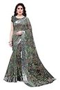 SOURBH Women's Plain Weave Cotton Blend Floral Printed Saree with Blouse Piece (35304-Brownish Grey)
