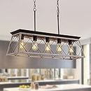 Q&S 5-Light Kitchen Island Light Fixtures Farmhouse Rustic Vintage Industrial Country Style Chandelier Oak+ORB Linear Metal Wood -Look Pendant Light for Dining Room Bar Office Coffee Shop UL Listed