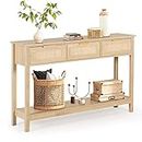 LAZZO Rattan Console Table Boho Entryway Table Narrow Long Sofa Table Hallway Foyer Table Behind Couch Table with 3 Drawers and Open Storage Shelf for Living Room and Corridor Natural Wood