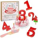 Brite Tools Wooden Cake Cutting Hook-and-Loop Birthday Party Toy Playset with Numbers Candles 6 Slices Strawberry Pretend Play Food Set for Montessori Toddlers Kids Ages 3+ (6 Slices)