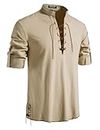 JEMITOP Men's Cotton Vintage Contrast Color Lace Up Shirts for Renaissance Pirate Viking Medieval Costume, Khaki, Large