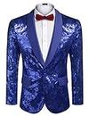 COOFANDY Men's Shiny Sequins Blazer Floral Suit Jacket Stylish Tuxedo for Party,Wedding,Banquet,Prom, Blue, Medium Big