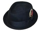 MAZ Foldable Diamond Crown Pork Pie Trilby Hat with Matching Band 100% Wool (L, Navy)