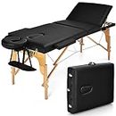 Giantex 84inch Folding Massage Table Spa Bed, Portable 3 Sections Salon Tattoo Bed with Face Cradle Armrests Wooden Legs, Professional Massage Bed Height Adjustable with Carry Case (Black)
