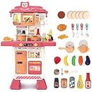 deAO Kids Kitchen Toy Set with Light & Analog Sound, Toy Kitchen Playset with Lots of Kitchen Accessories, Large Cooking Toy with Realistic Oven Microwave Press Water Faucet & Kitchenware for Kids