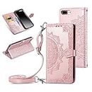 QLTYPRI Case for iPhone 7 Plus 8 Plus, Premium Leather Wallet Case Card Holder Shoulder Strap Embossed Flower Pattern Magnetic Protective Cover for iPhone 7 Plus 8 Plus - Rose Gold
