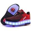 Qneic USB Rechargeable Roller Shoes Sneakers for Boys Girls Kids Gift LED Light Up Wheels Shoes Roller Skates, 24-black Red- Double Wheels, 4.5 Big Kid
