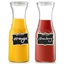Set of 2 Glass Carafe with Lids, 1 Liter Water Pitcher Carafe for Mimosa Bar, Brunch, Cold Water, Beverage, Wine, Iced Tea, Lemonade - 2 Wooden Chalkboard Tags Included