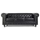 Bravich Leather Chesterfield Sofa- Black. 3 Seater Settee, Faux Bonded Leather Vintage Couch. Living Room Furniture, Easy Clean. 3 Seater- 209cm x 90cm x 78cm