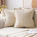 MIULEE Corduroy Pillow Covers with Splicing Set of 2 Super Soft Boho Striped Pillow Covers Broadside Decorative Textured Throw Pillows for Spring Couch Cushion Livingroom 18x18 inch, Beige