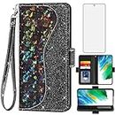 Asuwish Phone Case for Samsung Galaxy S21 FE Gaxaly S 21 FE 5G Wallet Cover with Screen Protector and Wrist Strap Flip Card Holder Bling Glitter Cell Glaxay S21FE5G UW S21FE 21S G5 Women Girls Black