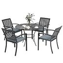 Outsunny 5-Piece Outdoor Dining Set with 4 Stackable Cushioned Armchairs, Patio Furniture Sets with Umbrella Hole Metal Plate Table, for Garden Deck Poolside Lawn Yard, Grey