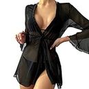 Plus Size Sheer Cover up for Women Women Sheer Mesh Cover Up Shorts Beach Cover Up Beach Wrap Bikini Wraps Solid Pom Sheer Lace Up Cover Up Scar Makeup Cover up (Black, M)